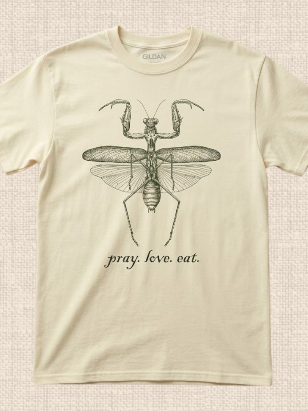 Gildan Cream Praying Mantis Graphic Tee with 'pray. love. eat.' Text
